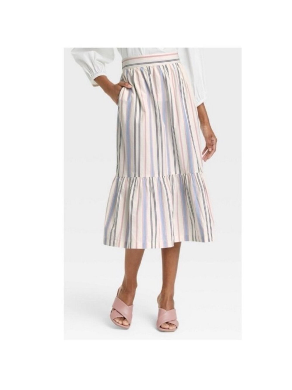 Women's Preppy Striped Tiered Midi Skirt Summer‎ Coastal Feminine Size XS